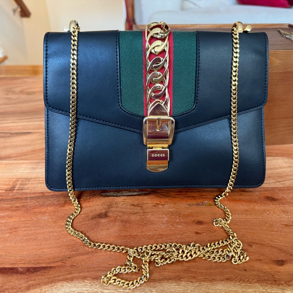 Gucci Sylvie Mini Chain Bag – Black Leather with Web Stripe & Gold Chain Accent